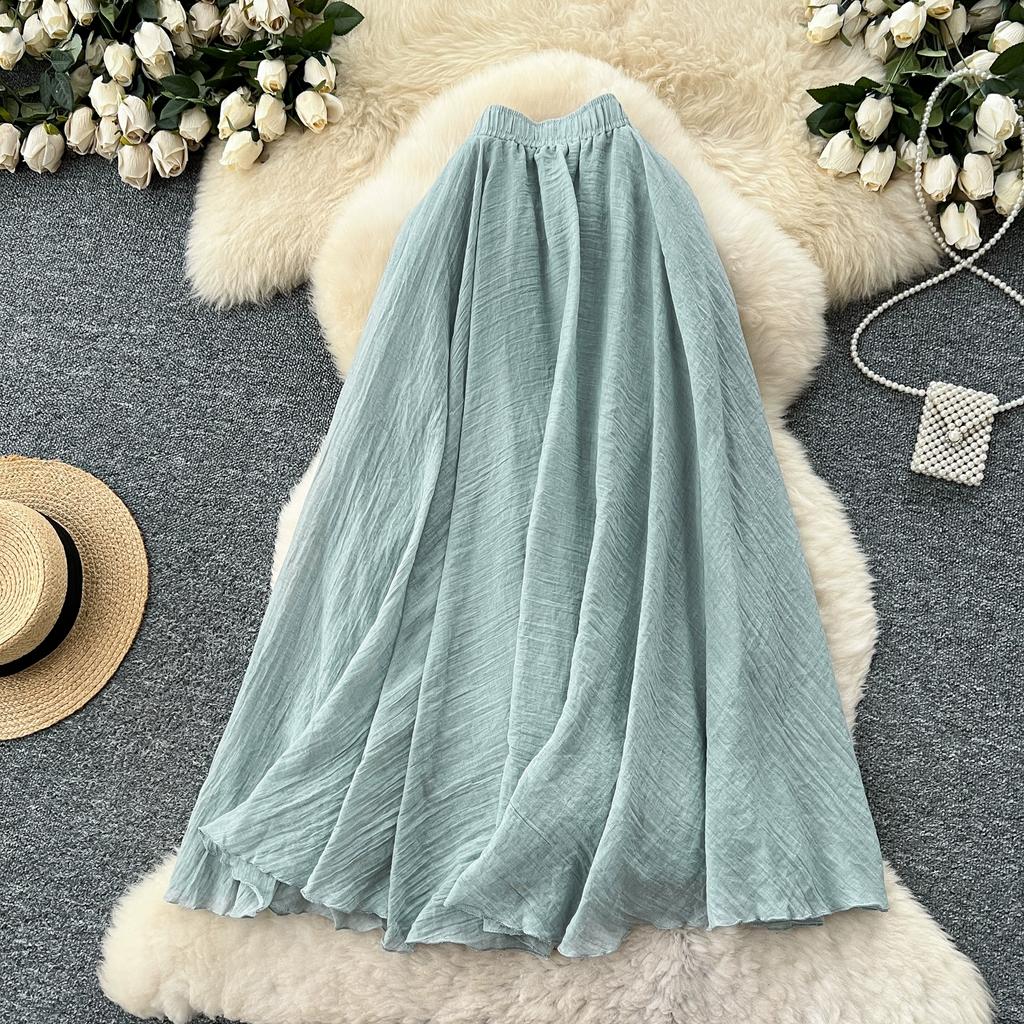 Summer Women Chic Cotton Linen Solid Elastic Waist Long Maxi Skirt