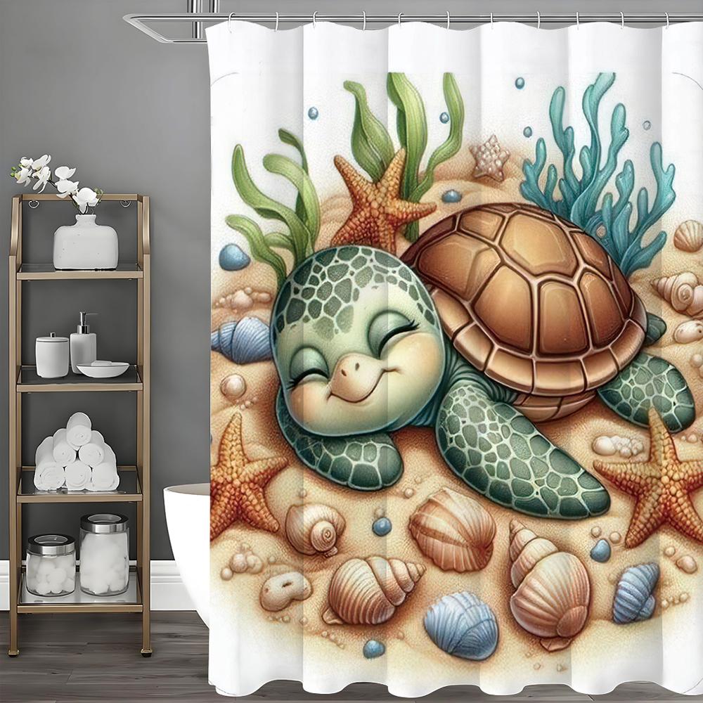 Cartoon Cute Turtle Beach Starfish Shell Shower Curtain, Bathroom Decorative Shower Curtain, Waterproof Shower Curtain with Hook
