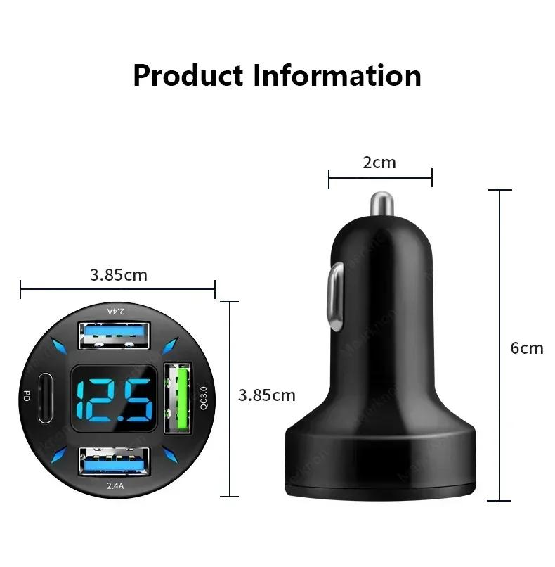 66W 4 Port USB Type C Car Charger Quick Charge QC3.0 PD Fast Charging Cigarette Lighter Adapter For iPhone Samsung Xiaomi Huawei
