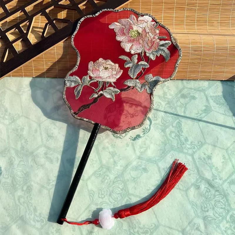 Chinese Style Hanfu Ancient Fan Dance Shooting Long Handled Embroidered Classical Double Sided Fan Female Decorative Fan