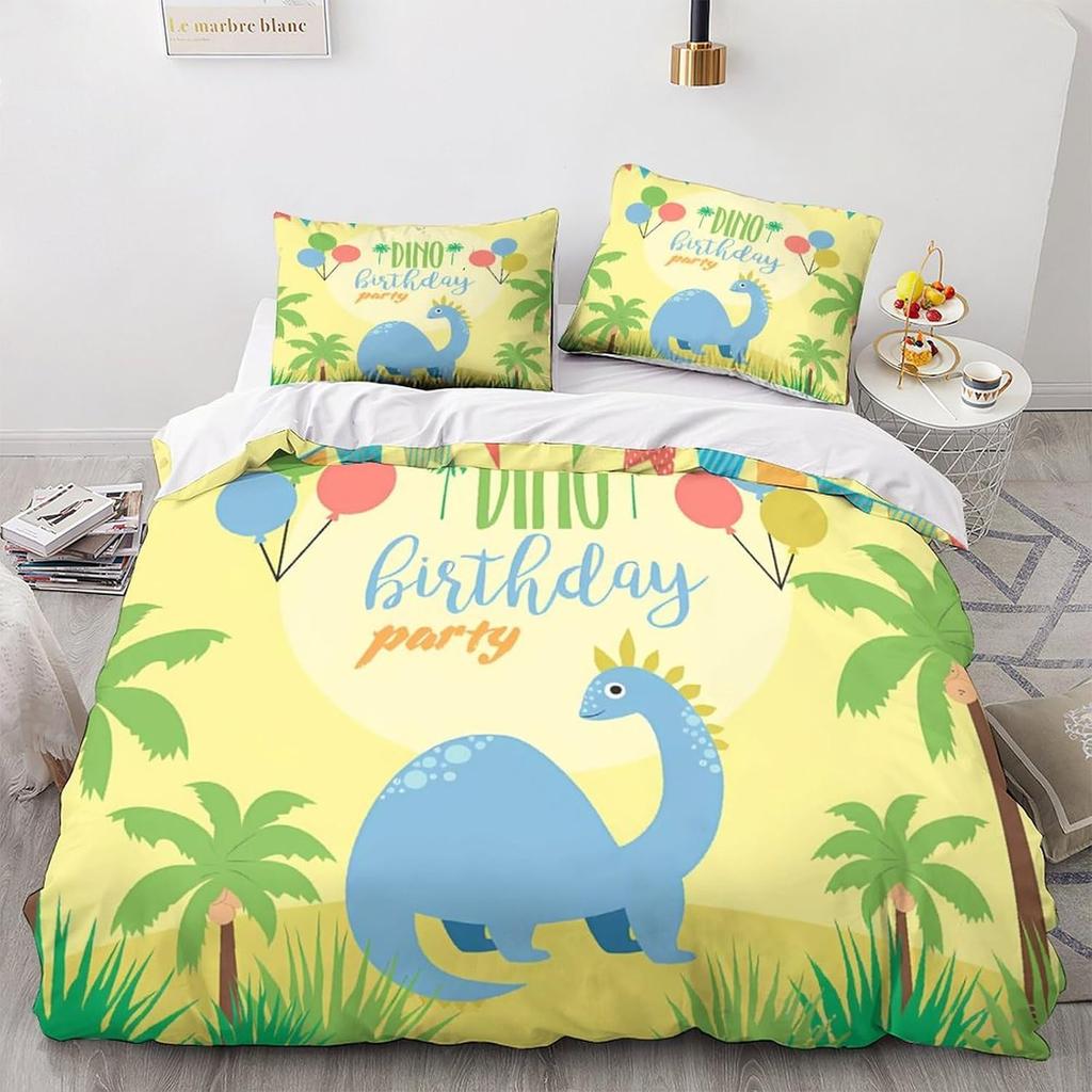 Dinosaur Duvet Cover Set Queen Twin Size,3Pcs Cartoon Dino Print Bedding Set for Kids Boys Room,Soft Microfiber Comforter Cover
