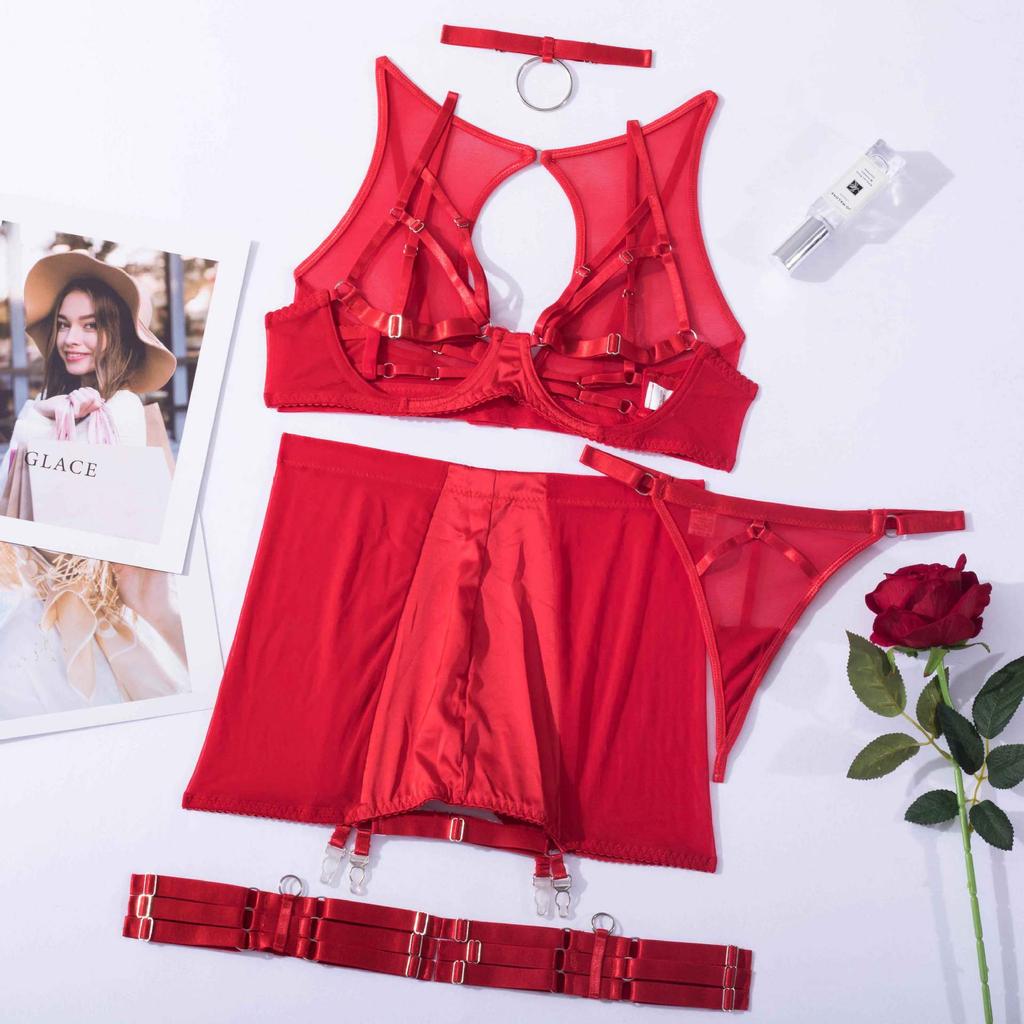 Sexy Lingerie Sets 5Pcs Mesh Hollow Out Transparent Bra Garters Briefs Bandage Sex Outfits Erotic Underwear