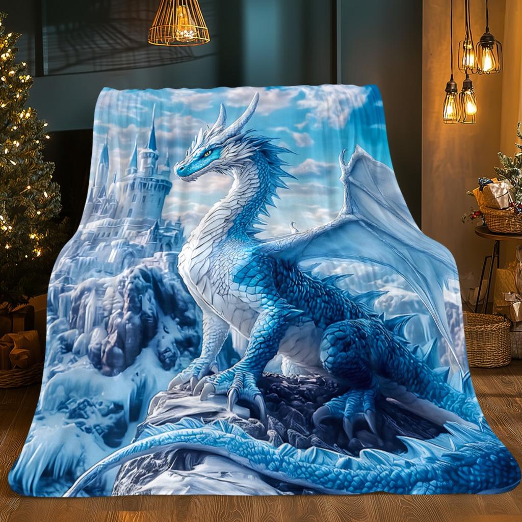 Blue Ice Dragon Castle Fantasy Blanket Soft Flannel Throw Home Decor Art Print Mythical Creature Bedding Gift for Dragon Fans