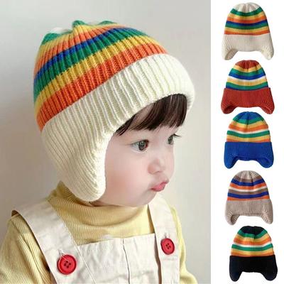 Zimowa Dziecięca Czapka Dzianinowa Koreańska Pasiasta Czapka Beanie w Kolorach Tęczy dla Małych Chłopców Dziewczynek Kolorowe Dziecięce Ciepłe Czapki z Ochroną Uszu Bonnet
