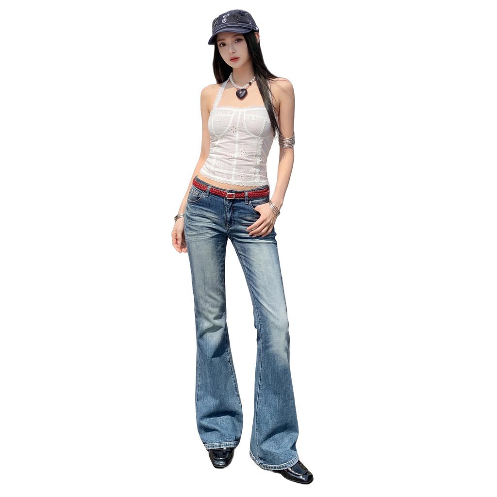 American retro micro-pull jeans women's spring new low-rise elastic and thin versatile horseshoe flared pants