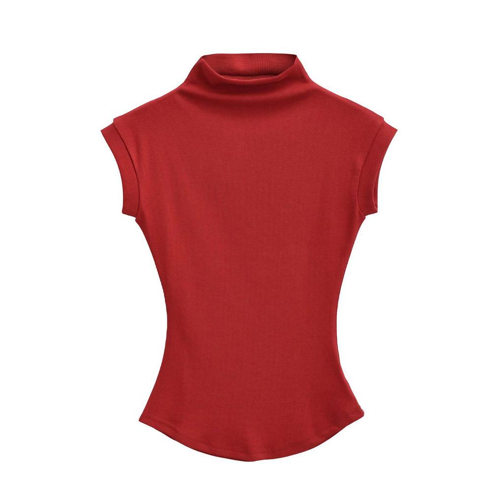 2025 Summer Women's Sleeveless Half-High Neck Fitted Vest with Curved Hem