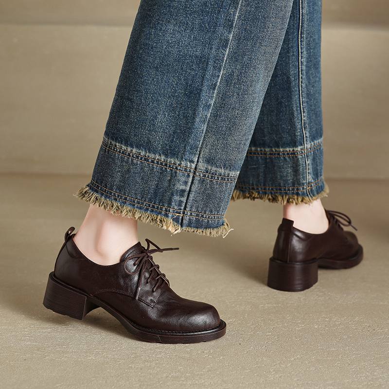 Krazing Pot Pelle di Pecora Punta Tonda Tacco Medio Allacciatura Scarpe Primavera Autunno Taglia Grande 41 Oxford Donna Pumps