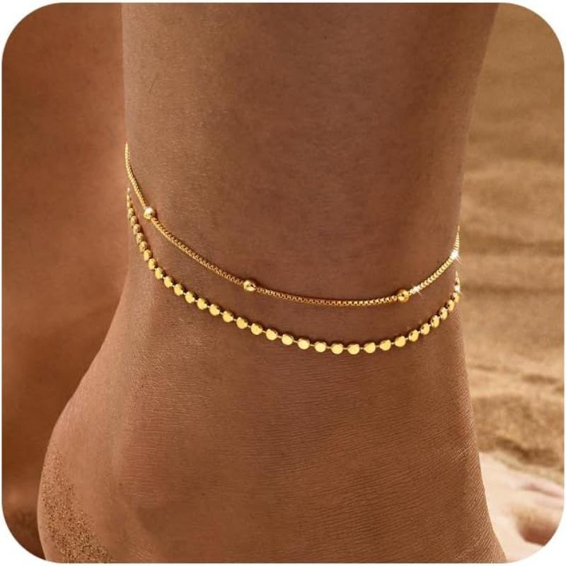 Waterproof 14K Gold Plated Anklets Set for Women Teen Girls, Layered Gold Ankle Bracelets Summer Beach Jewelry Gifts for Her