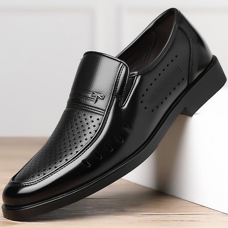 

Мода 2024 года, мужские летние кожаные туфли с острым носком, качественные черные туфли из натуральной кожи с мягкими дышащими отверстиями для мужчин 10.5 чёрный