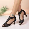 Outer size large size European and American style fish mouth printed sandals summer new middle heel fashion women's shoes tea