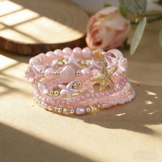 1 Set Bohemian Starfish Bracelets for Women Coastal Style Stackable Stretch Bracelets Faux Pearl Beaded Bracelets for Holiday Summer Beach