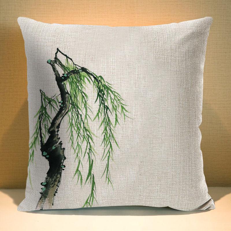 Chinese Ink Plant Pillow Case Flowers Xcm Square Decorative Cushion Cover for Sofa Home Printed Throw Polyester Pillowcase