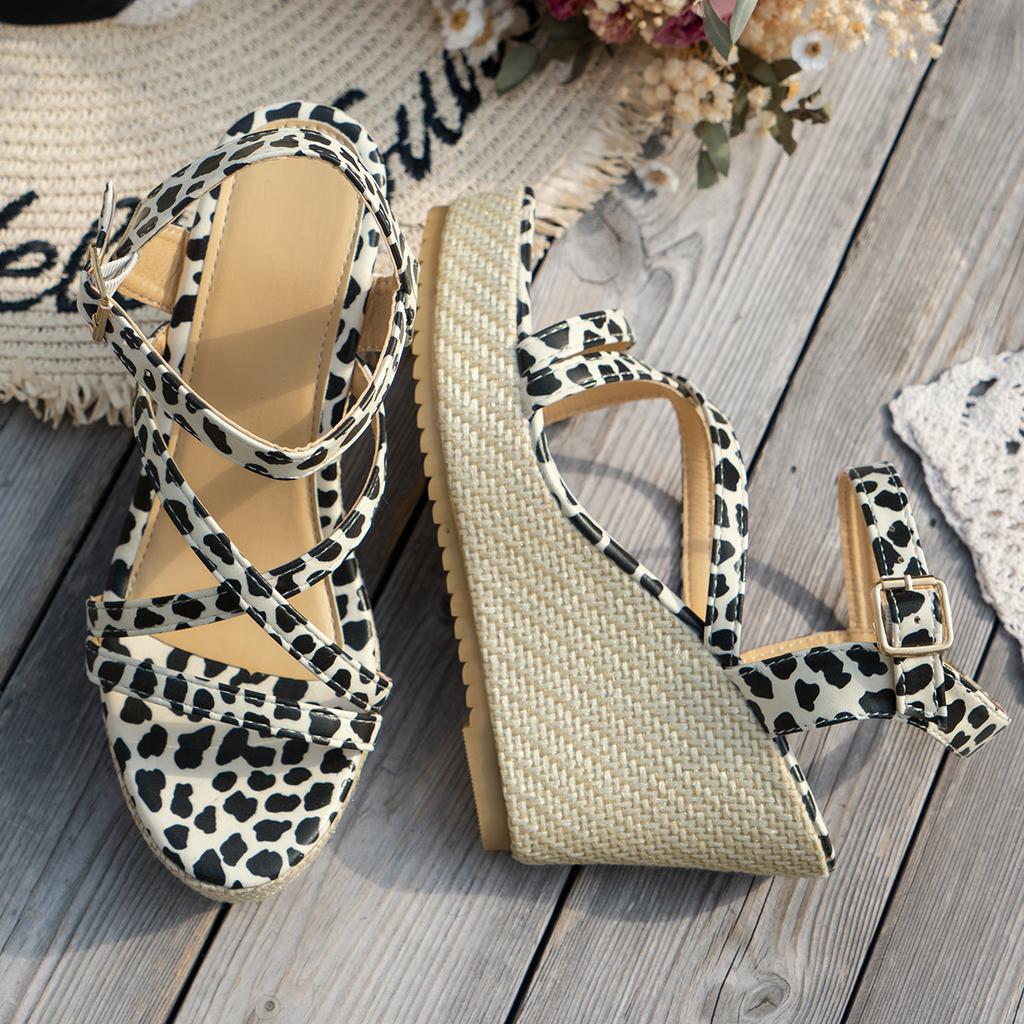 Moda verão feminino cross band wedge sandálias para fivela tira saltos grossos sandálias sexy leopardo estampado fundo grosso plataforma sandálias