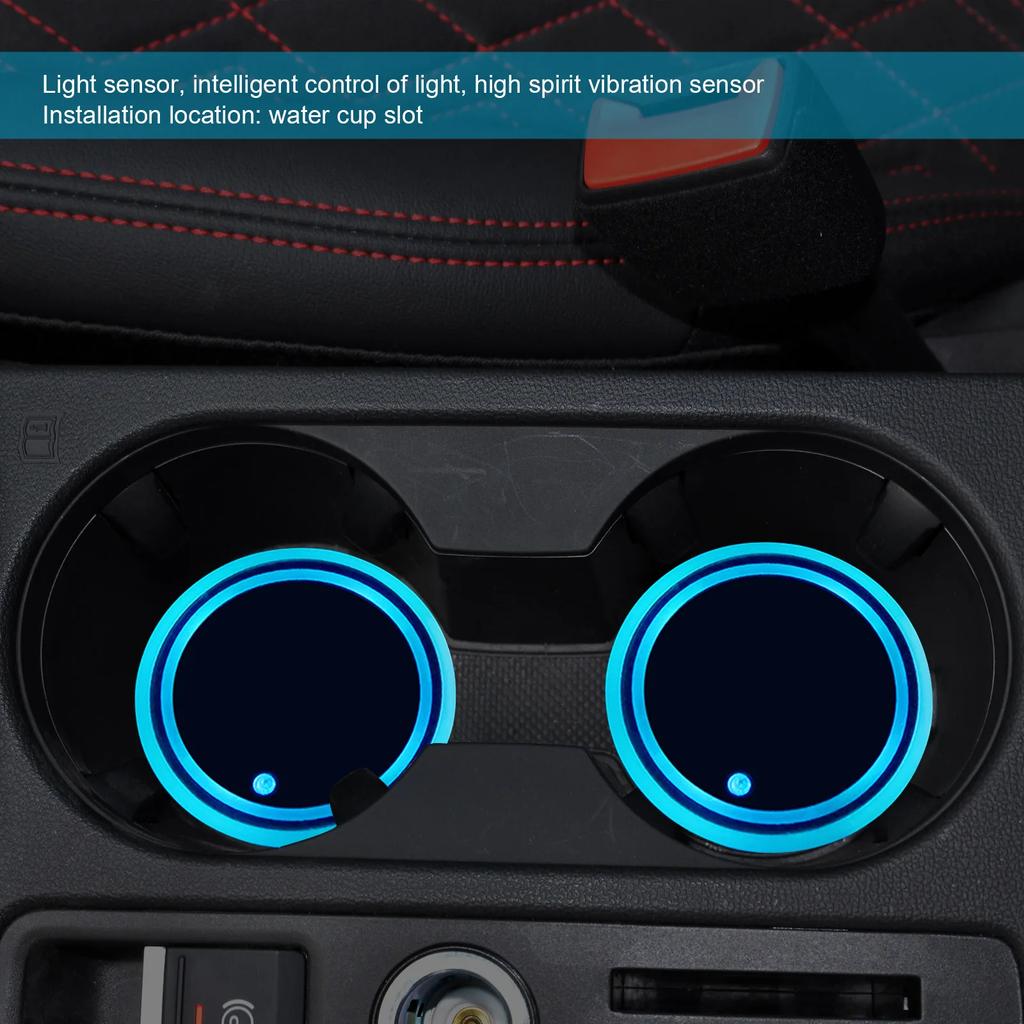 7 Color Changing LED Car Cup Holder Lights Rear Windshield Decorative Ambient Lighting & Glowing Coaster Pads
