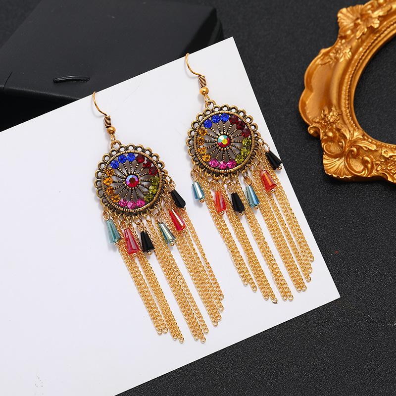 Vintage court ancient gold long fringed earrings women's bohemian ethnic style earrings vacation travel photography temperament earrings