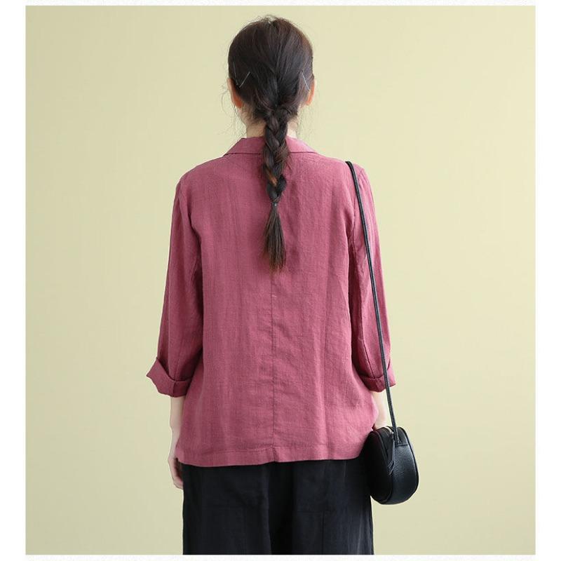 Fashion Casual Cotton and Linen Women Jacket Small Suits 2025 Spring Summer New Loose Long Sleeve Office Blouse Sunscreen Shirt Woman Pockets Clothing