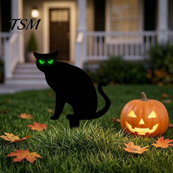 Spooky Outdoor Silhouette Halloween Garden Stake, Black Cat Yard Sign with Glow-in-the-dark Easy Installation Stakes Eyes, Waterproof Ghost