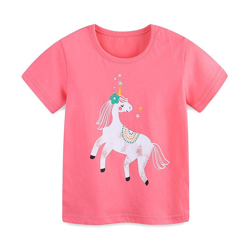 European Style Girls Short Sleeve Unicorn T-Shirt - Summer Cartoon Print Top for Kids 7Y (125 cm)