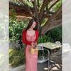 [Original practice + inner lining] Sweet French red plaid suspender dress for children's vacation wind fish tail long