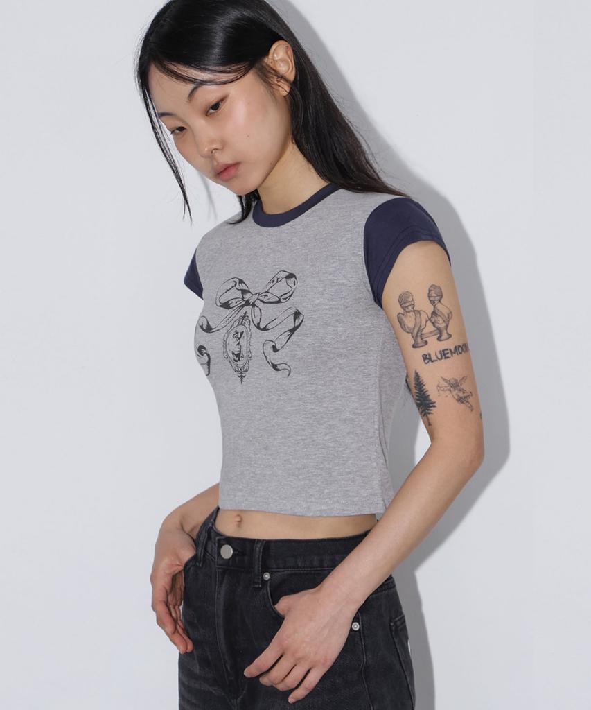 CHICKS Ribbon Kitsch Color Block Cap Sleeve Tee Melange