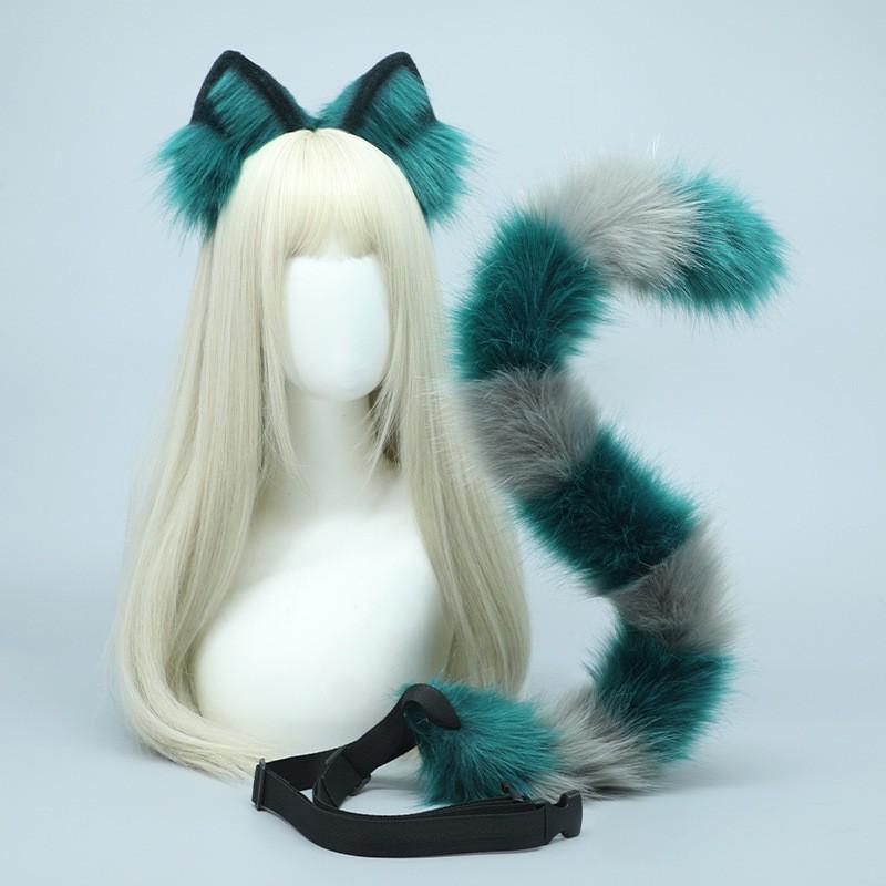 Plush Cheshire Cat Ears Headband Tail Set Cosplay Anime Convention Costume Accessory Adult