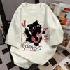 Neutral Paris Print Casual Short Sleeved T-shirt, Fashionable and Versatile Black Cat Guitar Print Loose T-shirt