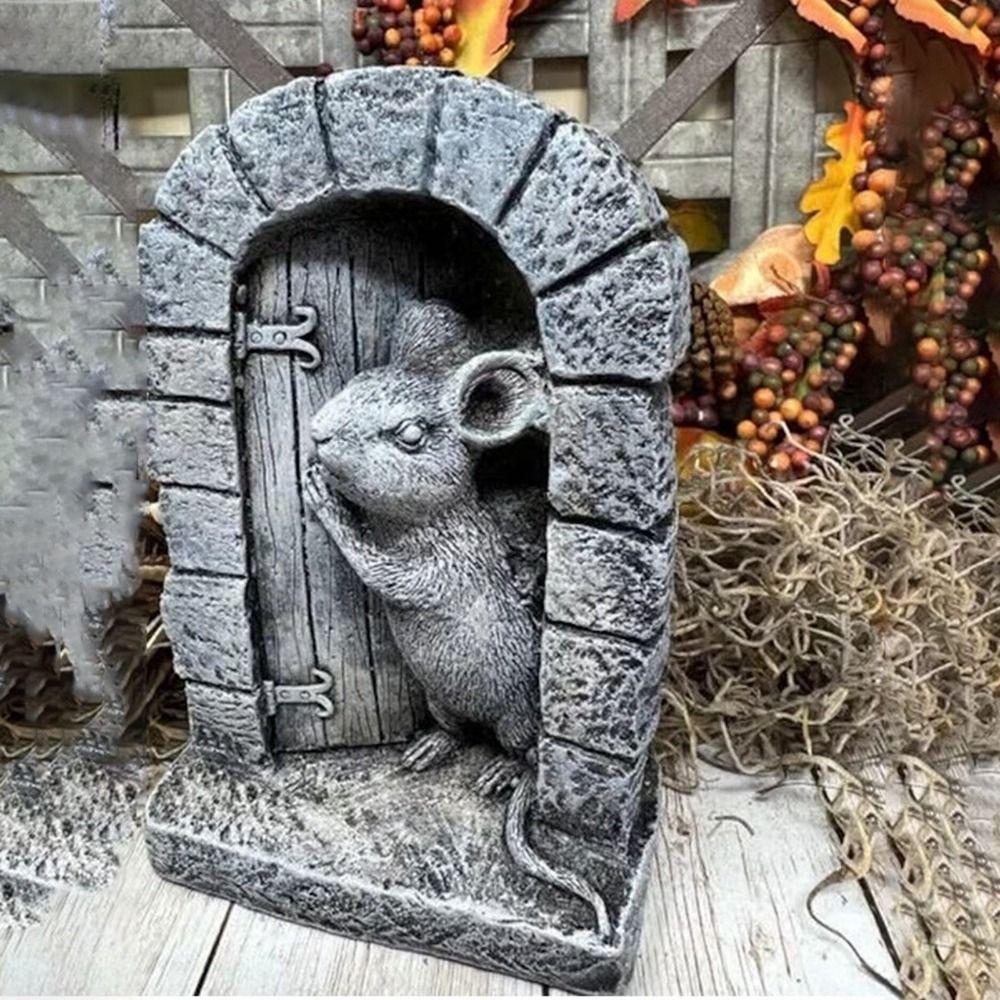 Cartoon Mouse Door Statue Easy Installation Garden Animal Sculptur Adorable Mouse Figurine  Yard