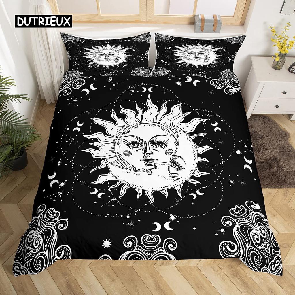 Mandala Duvet Cover Set Sun and Moon Comforter Cover Ties Exotic Style Black and White Botanical Floral Polyester Bedding Set
