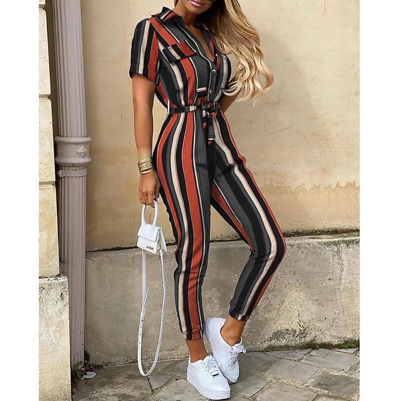Summer Women's Trousers Casual Lapel Button Print Belt Cargo Jumpsuit