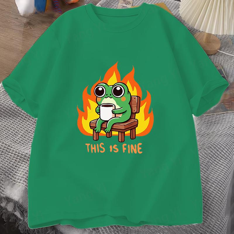 

Hot This Is Fine Letter Print Short Sleeve Unisex T Shirts Casual Shirts Frogs Drinking Coffee Pattern Unisexs Womens Tshirts 4XL