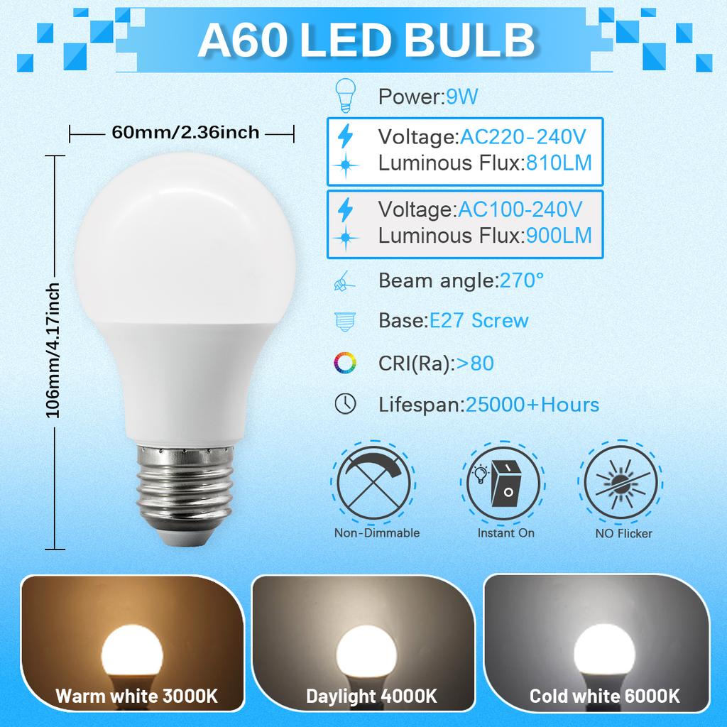 A60 A80 LED Bulb Lamps 8W 9W 10W 12W 15W 18W 20W 24W  Light Bulbs AC 220V 110V E27 Daylight Lighting for Home Foyer Room Decor