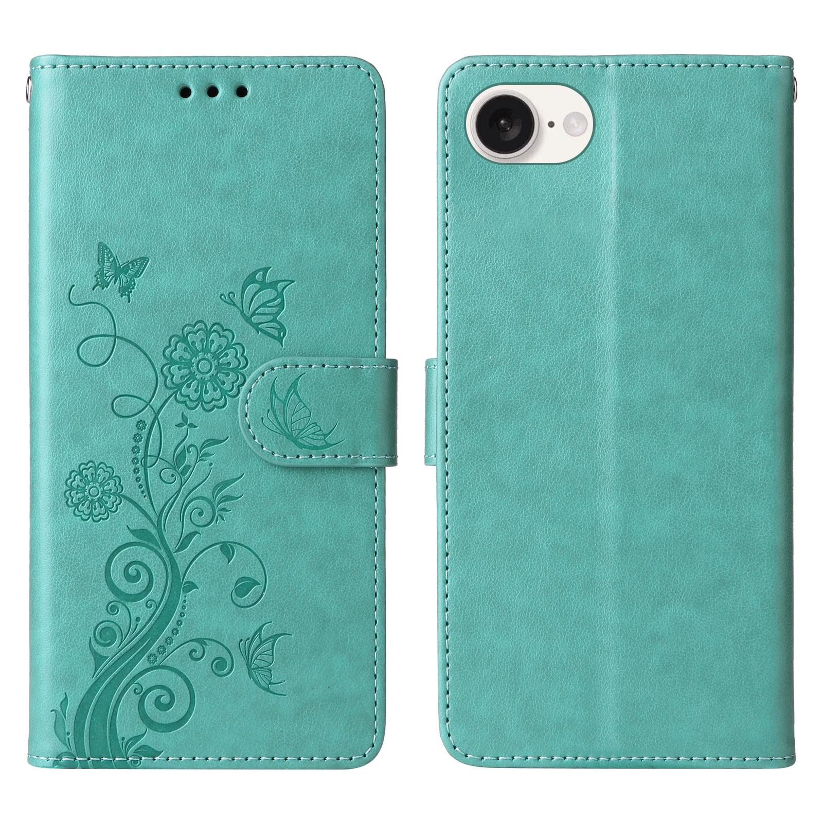 

For iPhone 16e Case Butterfly Floral Imprint Wallet Stand Leather Phone Cover Green