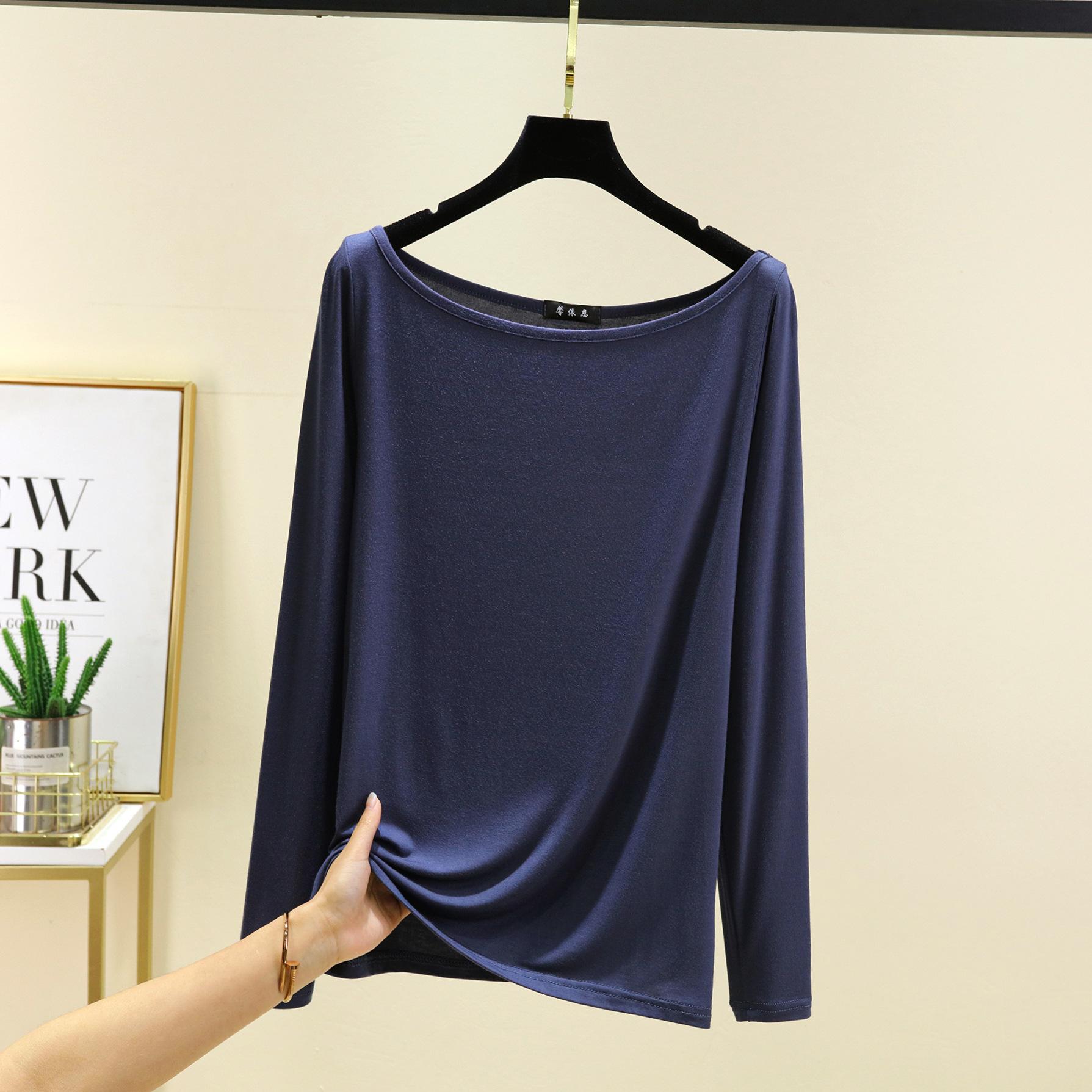 

Модал лодочка вырез футболки с длинными рукавами женские облегающие футболки однотонные базовый слой топ повседневная майка универсальные футболки топы M темно-синий