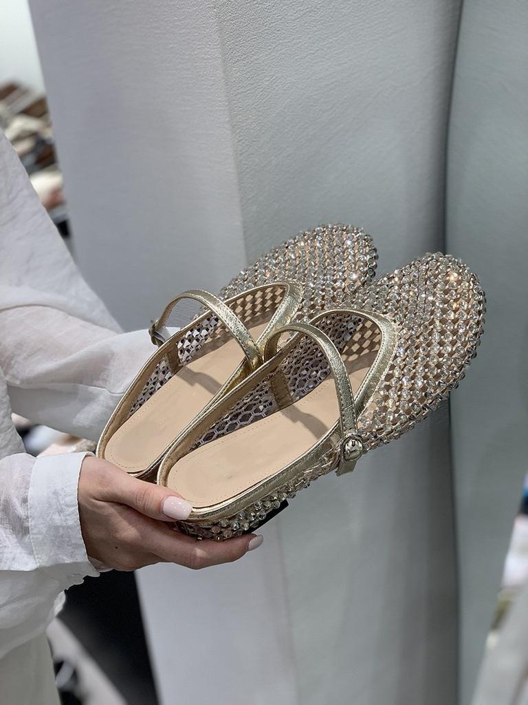 Inner height increase golden rhinestone mesh hollow bag head half slippers women's shoes outer wear 2025 summer Mary Jane sandals