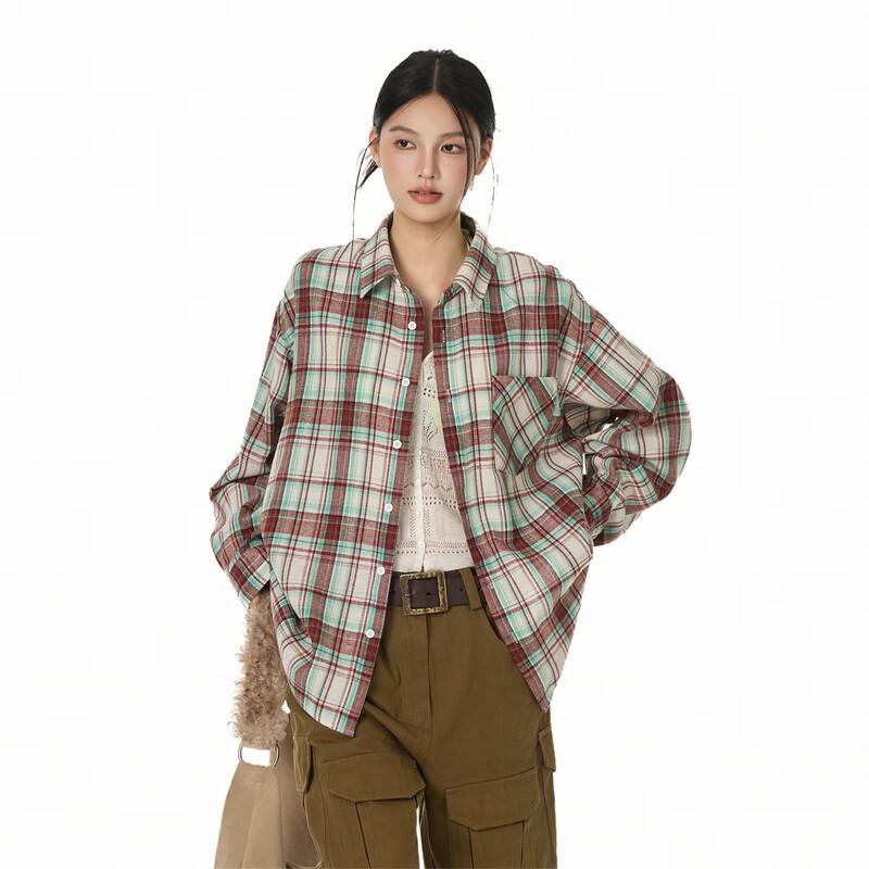 GOLFCROSS Unisex Plaid Color-Block Long-Sleeve Shirt S