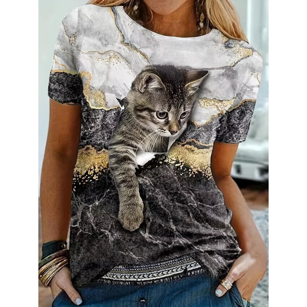 Summer New Women's 3D Digital Printed T-shirt Creative Animal Pattern Round Neck Casual Short Sleeve Loose Fashion Top