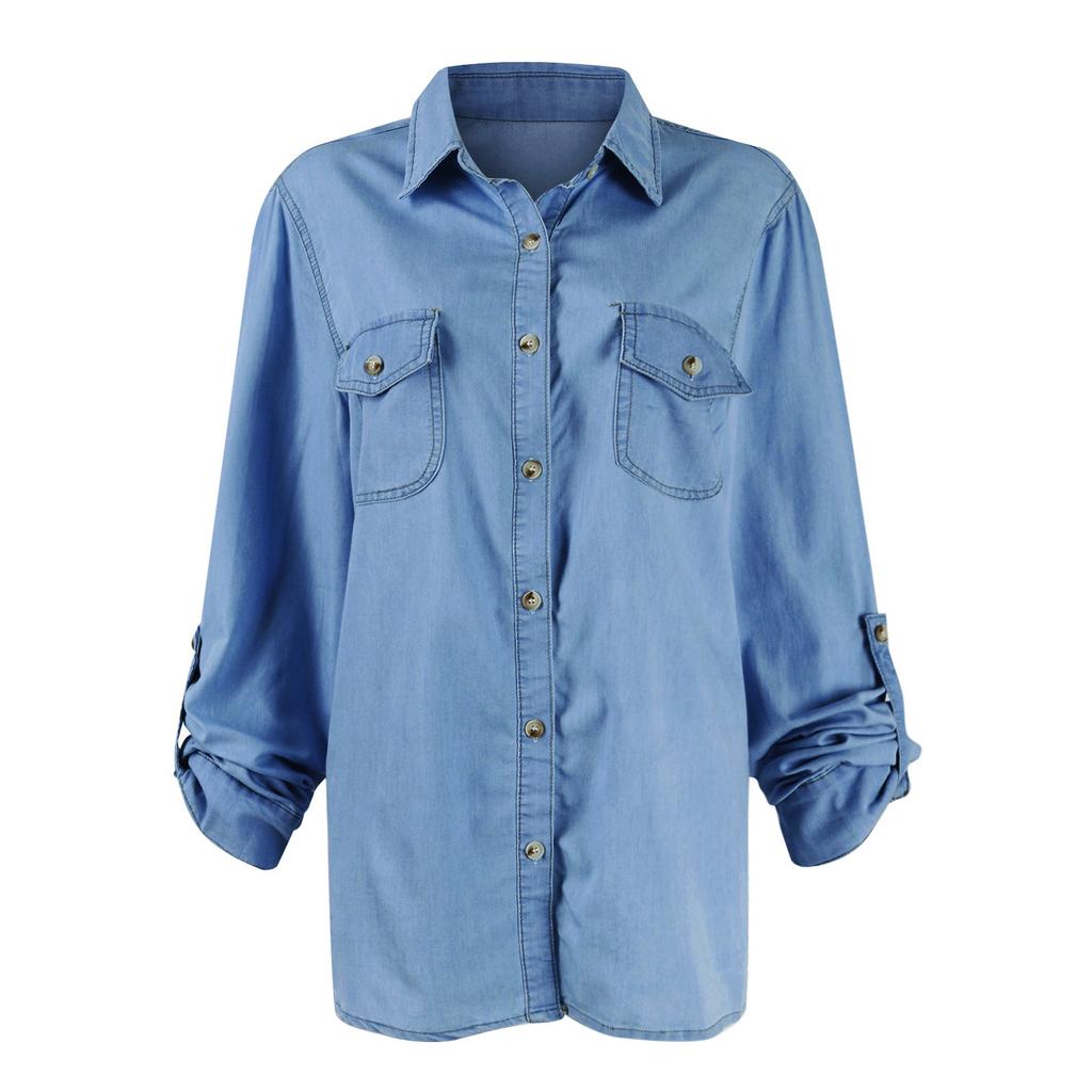 Women Button Down Denim Shirts Casual Long Sleeve V Neck Chambray Blouse Top