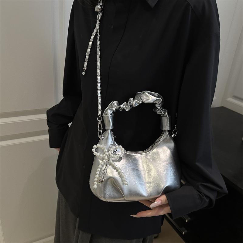 Fashion Pleated Design Shoulder Bags for Women Solid Color Ladies Soft Pu Crossbody Bag Pearl Girls Hobos Handbags Purse Clutch