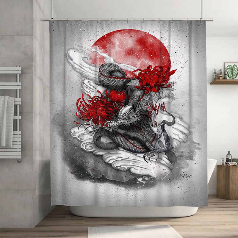 

Red Chrysanthemums Snake Print Shower Curtain Premium Waterproof Decor for Bathroom (128 characters) 90x180cm