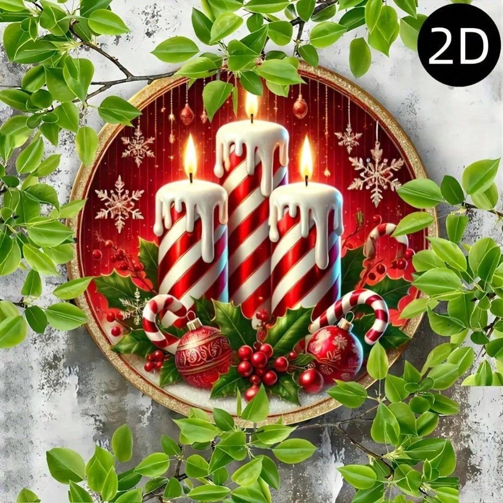 2D Merry Christmas Round Metal Tin Sign, Holly Berries Candles Holiday Wall Art, Durable Aluminum Decoration for Home Office