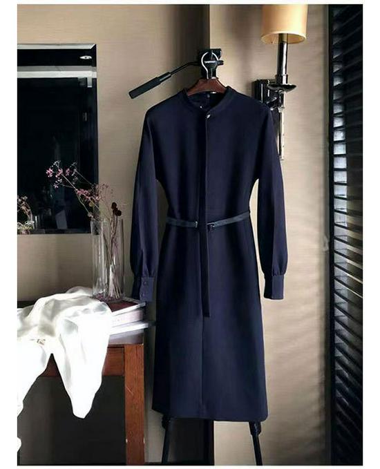 

Узкое и элегантное платье: Расклешенные рукава, воротник-стойка, пояс-бабочка - новая коллекция весна/осень. Small темно-синий