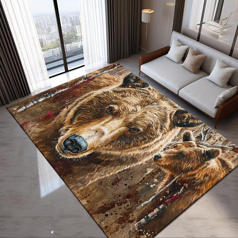 Braunbär und Wolf Wildtiermuster Teppich Weich und Rutschfest für Wohnzimmer Couchtisch Stuhl und Tischmatte