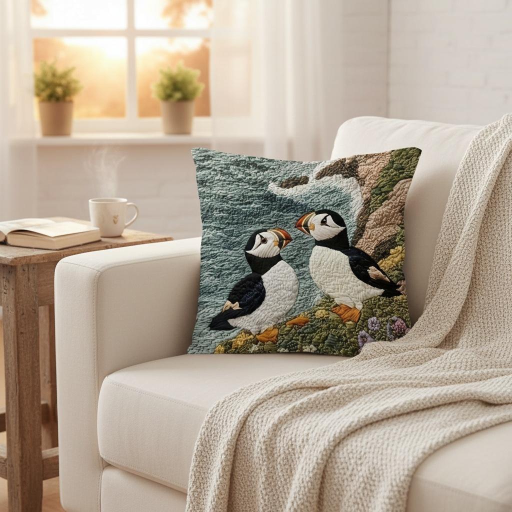Double Sided 2D Effect Puffin Pillow Cover Cute Atlantic Sea Bird Print Soft Throw Pillow Case For Home Decor
