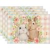 Set of 4 Easter Bunny & Flowers Plaid Placemats, 12x18 Inch, Woven Polyester, Rectangular, Hand Wash Only, for Dining & Kitchen