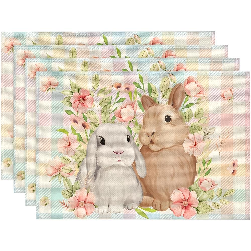 

Set of 4 Easter Bunny & Flowers Plaid Placemats, 12x18 Inch, Woven Polyester, Rectangular, Hand Wash Only, for Dining & Kitchen 30x45cm-4PC