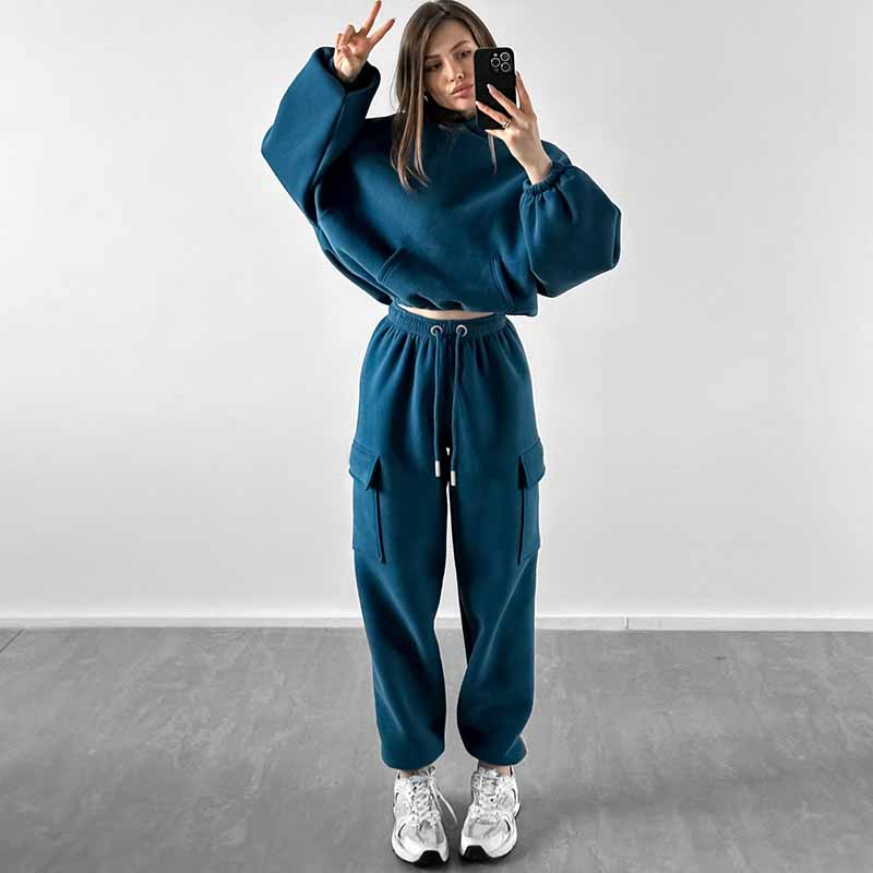 Autumn Winter 2 Pieces Set Women Tracksuit Fleece Long Sleeve Warm Hoodies And Jogger Pants Casual Set Solid Outfit Sport Suit