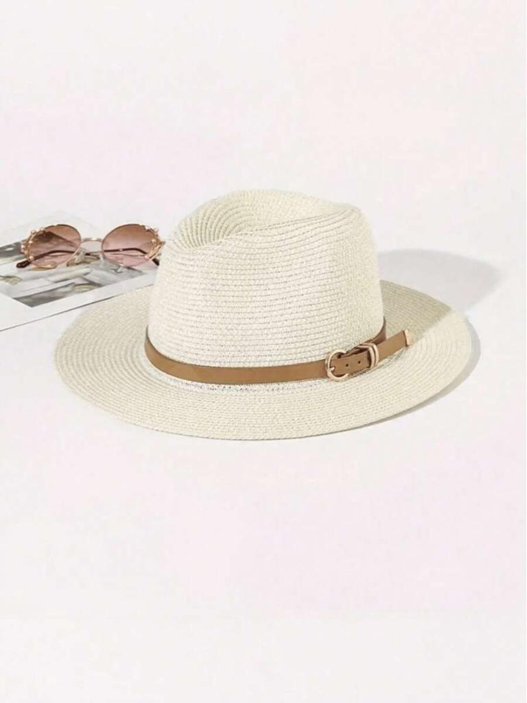 Women Wide Brim Straw Sun Hat With Belt Buckle Beach Summer Hat