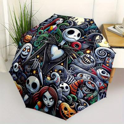 Nightmare Before Christmas,Halloween Automatic Opening and Closing Umbrella - 8-rib Folding Design, Lightweight and Portable, Suitable for D