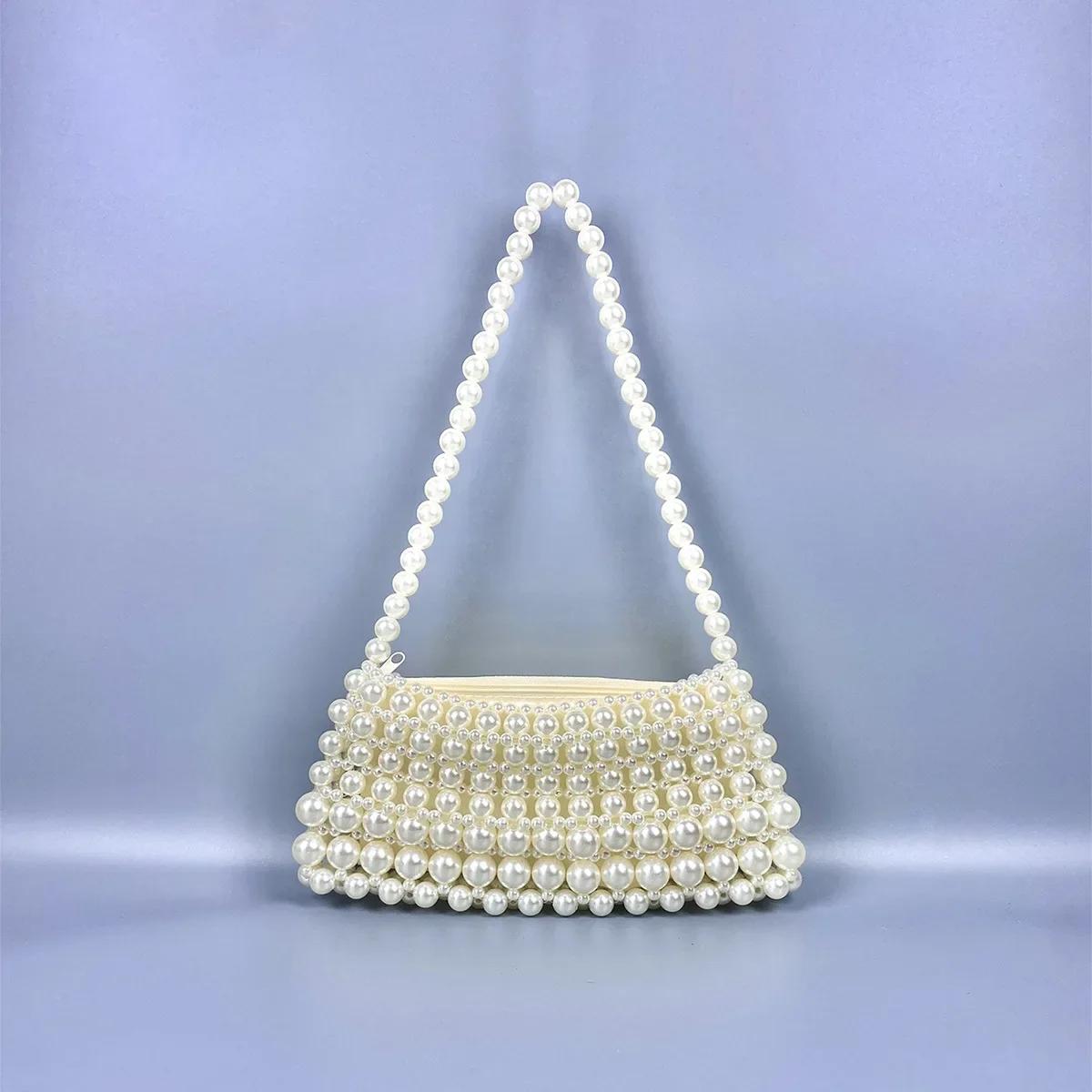 

Vintage Pearl Chain Handbag Simple Portable Street Stroll Handbags for Women Handmade Weaving Bags Single Handle