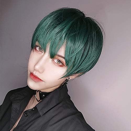 Men's Harajuku-style Green Short Wig, Semi-Long, Fashionable, with Net, Natural, Unisex